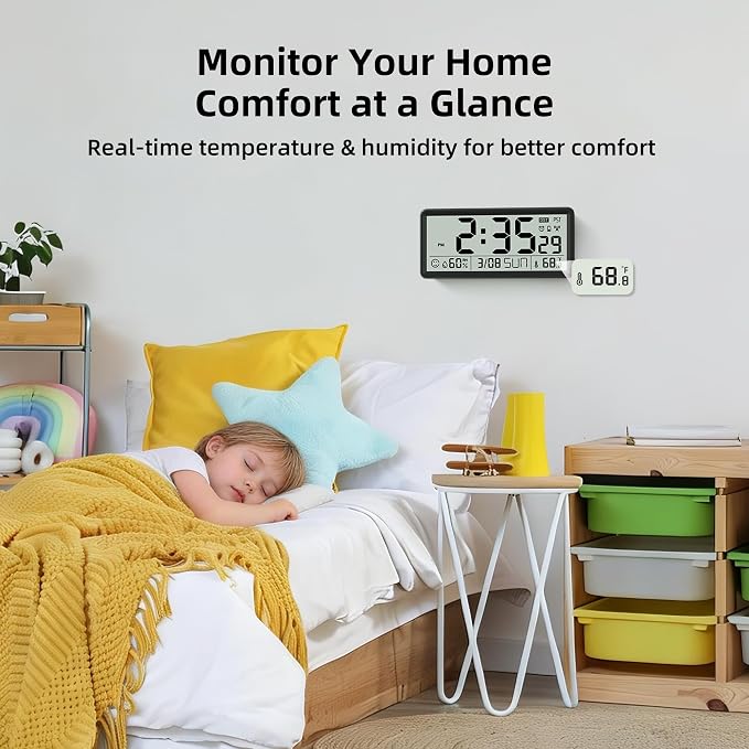 EASYERA 15'' Large Digital Atomic Wall Clock Battery Operated, Self-Setting | Indoor Temperature and Humidity, Large Display, Self-Setting,Auto DST,for Kitchen/Classroom/Living Room(Battery Not Included)