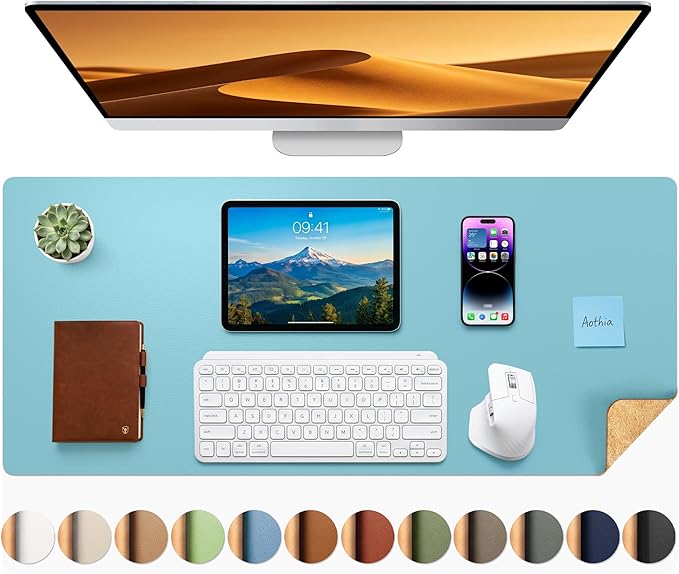 Aothia Double-Sided Desk Pad – 35.4" x 15.7" Leather Desk Mat with Eco Cork Protector, Large Mouse Pad, Waterproof Desk Blotter for Office/Home (Blue Topazn)