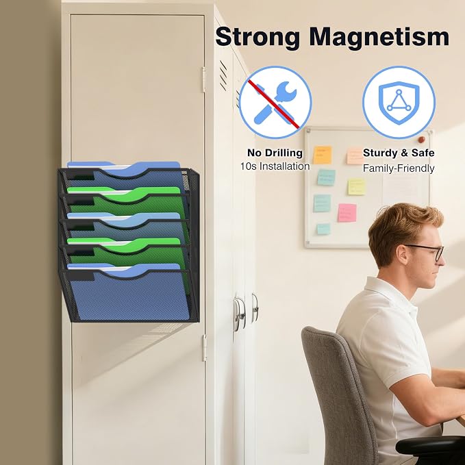 Kuntine.B Wall File Organizer Office Hanging Magazine Holder Wall File Organizer for Office Home (Black, 5 Tier Magnetic)