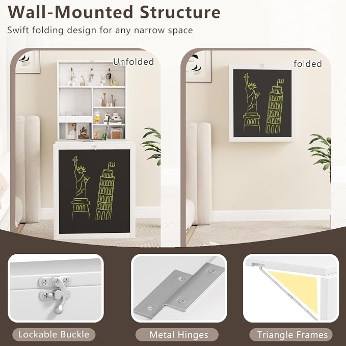 SIMOE Floating Wall-Mounted Desk, Storage Shelves and Hooks, Foldable Murphy Table with Chalkboard, Space-Saving Solution for Home Office, Bedroom, Dorm Room and Small Spaces