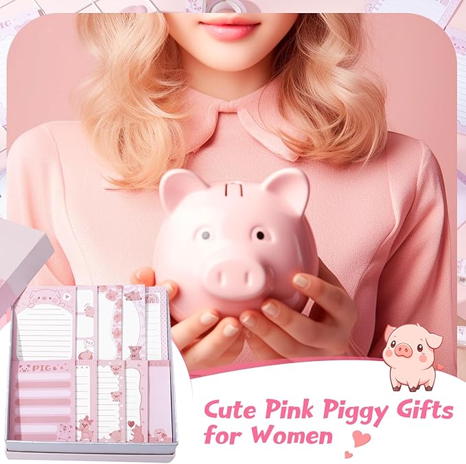 12 Pads Piggy Sticky Notes 3x4 Inch Cute Self Stick Notepads Notes Adhesive Memo Pad Office Decor Gifts Pink Kawaii Memo for Christmas Students School Teacher Meeting Office Supplies