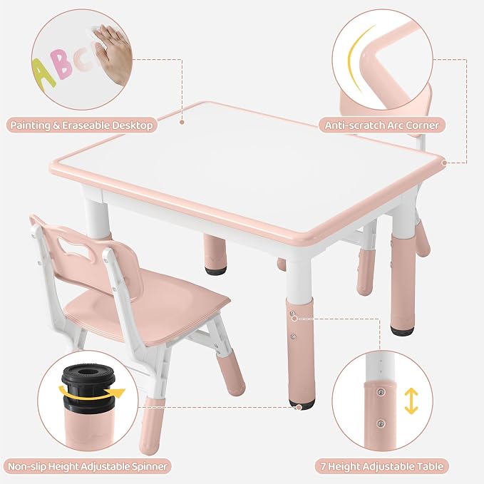 DOREROOM Adjustable Kids Table & 2 Chairs Set, 31.5" L x 23.6" W, Pink | Graffiti Desktop,Table Supports 300 lbs,Toddler Ages 2-8，FSC-certified, Children Activity Table for Daycare, Classroom, Home