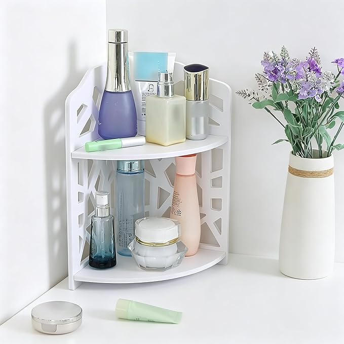 HornTide 2-Tier Corner Shelf, Brief Fashion Organizer Storage Rack, for Cosmetic Doll Potted-Plant Vitamins Supplements Caddy, DIY Desk/Table Decoration, Wood-Plastic Composites, White
