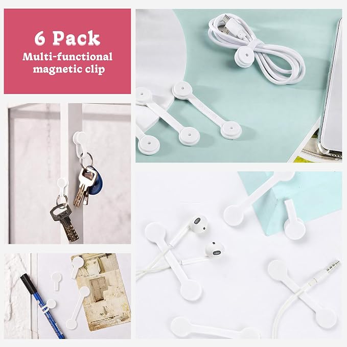 Viaky Magnetic Cable Ties 6-Pack,Silicone Cord Ties Cable Straps,White | Magnetic Twist Ties,Cord Clips for Charging Cords,USB Cable,Keychain,Magnetic Cable Clips for Home,Office,Kitchen,Travel