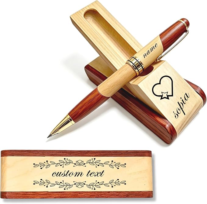 Custom Pen Set with Name Text Personalized Wood Ballpoint Pens Box Customized Engraving Pen Gift Set for Men Women Boss Colleagues Friends Graduation Christmas Fathers Day (Custom Pen)