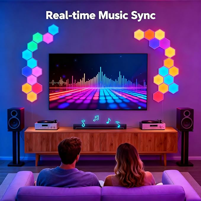 Hexagon LED Lights Wall,RGB Lights with APP/Remote & Music Sync,DIY Modular & Gaming Room Decor,Tap Wall LED Panels for Bedroom (12-Pack)
