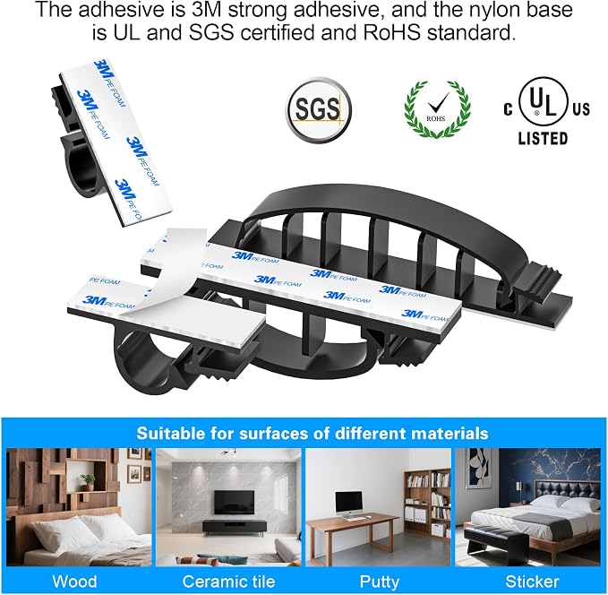 XHF 30pcs Adhesive Cable Wire Clips Kit Black, Outdoor Cable Management Wire Organizer Cord Holder for Under Desk, Car, Wall, TV PC Ethernet Cable