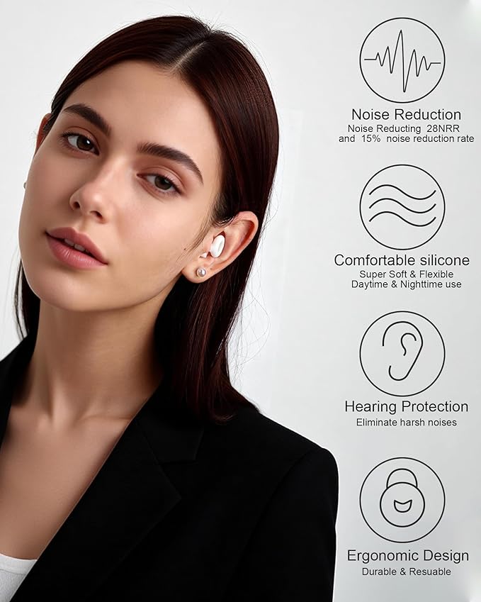 Ear Plugs for Sleeping, 28dB(SNR) Reusable Silicone Earplugs with 4 Sizes (S/M/L/XL) Eartips, Noise Reduction Ear Protection EarPlugs for Sleep, Airplane, Focus, Travel & Concerts, White