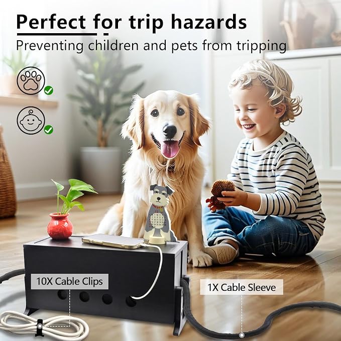 Large Wood Cable Management Box, Black Cord Organizer 14.2" | Hides power strips & TV wires, 14.2x6x6.3 inches,Ideal for home & office organization