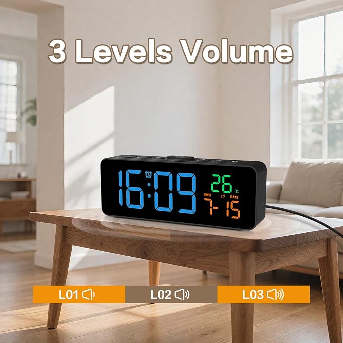 Netzu 3-in-1 Digital Clocks for Living Room, Small & Compact Alarm Clock | Temperature, Date & Time Display, 4 Birghtness, 3 Volumes, Plug-in, for Bedroom, Office