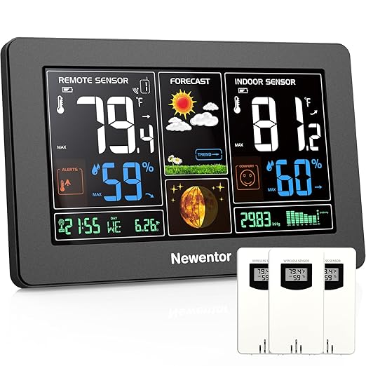 Newentor Weather Station Wireless Indoor Outdoor Thermometer, Black,3Sensor | Color Display Digital Weather Thermometer with Atomic Clock, Barometric Pressure, Forecast Station with Adjustable Backlight