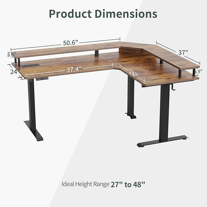 FEZIBO 63"x49" L Shaped Standing Desk with LED Strip & Power Outlets, Height Adjustable Sit Stand Corner Gomputer Desk with Ergonomic Monitor Stand, Rustic Brown Top/Black Frame
