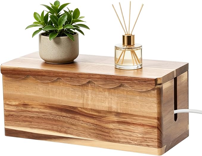 Large Cable Management Box Scalloped Edge, Acacia Wood Cable Organizer Box & Power Strip Box for Electrical Cord Management, Hide Desk Cord and Floor Cables, Wire Storage and Organization for Cords