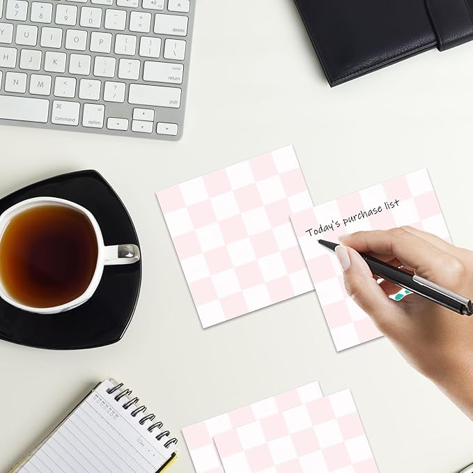 Sticky Notes 3x3 Inches, 2 Pads Cute Colorful Self-Stick Note Pads, Easy to Post for Home, Office and Daily Life Organization Cute Pink Checkers