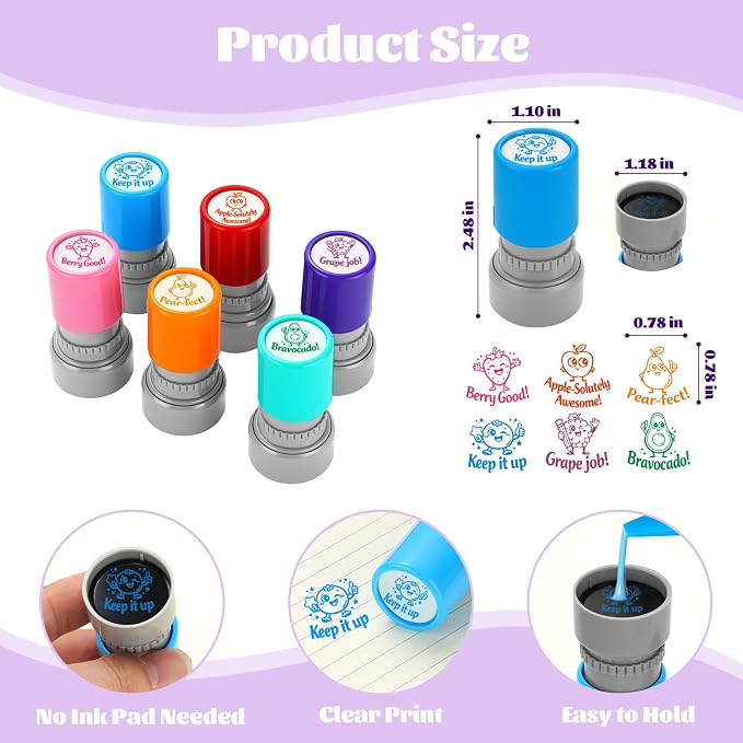 6Pcs Fruit Teacher Stamps for Classroom, New Teacher Appreciation Gifts, Self Inking Grading Stamps Set, Motivational Student Reward Stamps, Classroom Essentials for Elementary