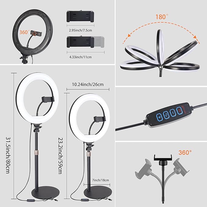 10” Desk Ring Light with Stand, LED Circle Light with Phone Holder for Computer Laptop Zoom Meetings, Video Calls, Streaming, Online Classes, Home Office