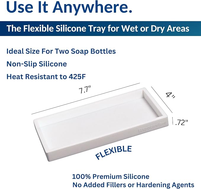 Countertop & Vanity Silicone Tray - Small 7.7" Kitchen Soap Tray | Kitchen Sink Soap Tray, Dish Soap Tray for Kitchen Counter, Bathroom Tray, Silicone Soap Dispenser Tray & Sponge Holder