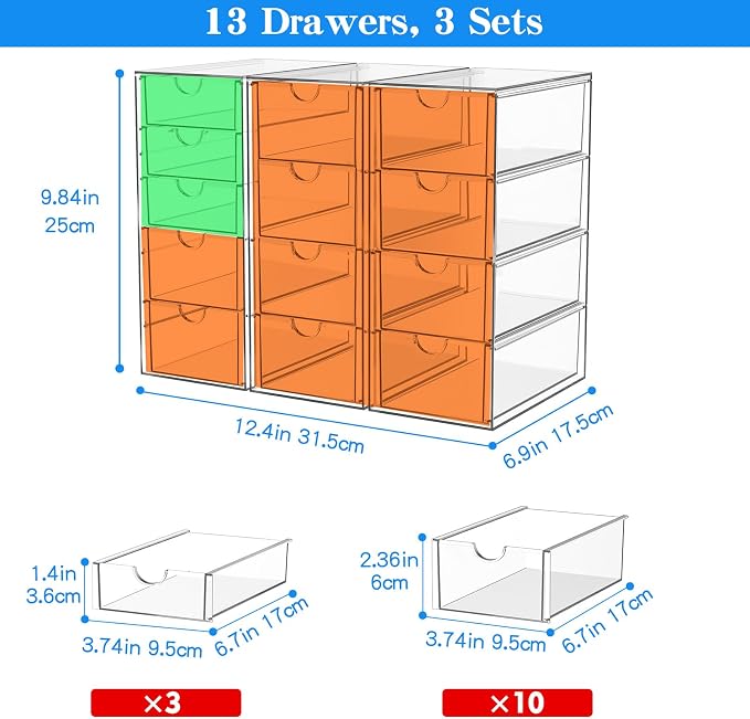 ARSTPEOE Acrylic 13-Drawer Storage & Makeup Organizer for Desk, Bath | Smooth-glide drawers, clear acrylic, stackable, dustproof, wipe-clean, for eyeliners, lip liners, markers, push pins,pen