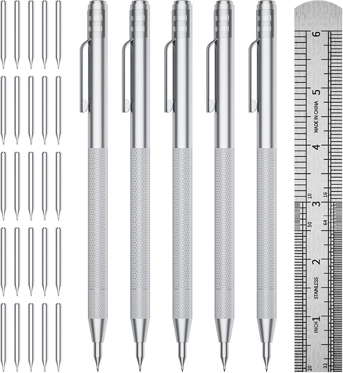 GCHMDE 5-Pack Tungsten Carbide Scriber, Metal Scribe Tool with 25 Replacement Marking Tips & Steel Ruler - Knurled Aluminum Handle & Magnet, Engraving Pen for Glass/Ceramics/Metal Sheet (5)