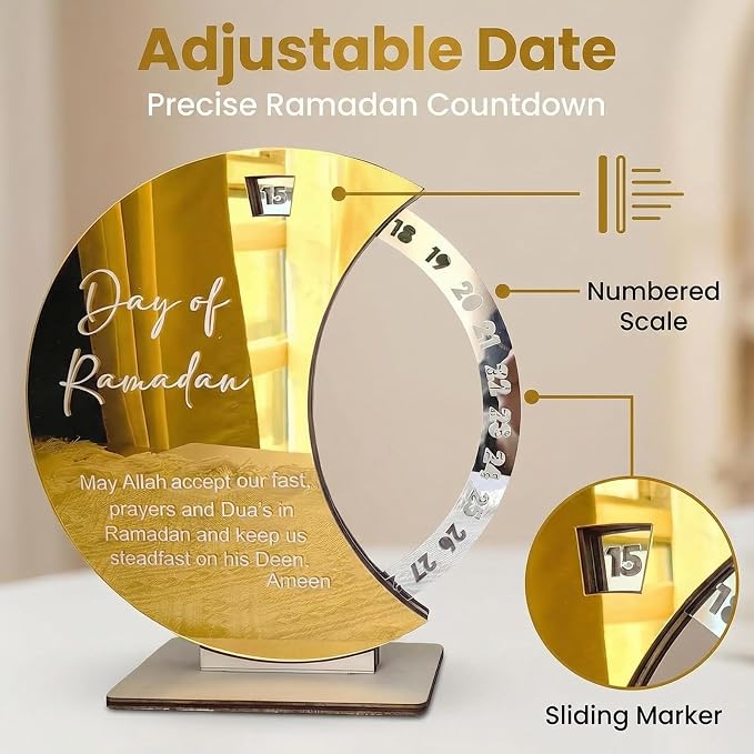 Ramadan Countdown Calendar - Elegant Acrylic Circle with 30 Day Flips, Eid Mubarak Home Table Decor, Islamic Festival Gift & Celebration Reminder for Family (Countdown Calendar-Golden)