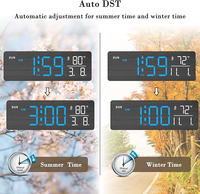 DreamSky Wooden Digital Alarm Clock with Date & Day of Week for Bedroom | Large Display Desk Clock for Living Room, Temperature, Dimmer, Adjustable Volume, Auto DST, Office Wood Décor (Plug-in)
