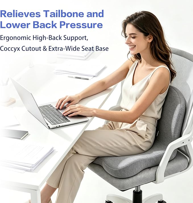 Back and Seat Cushion for Office Chair, Light Grey | Wide ergonomic memory foam, coccyx cutout & adjustable straps, tailbone & back relief, non-slip for car, home & gaming