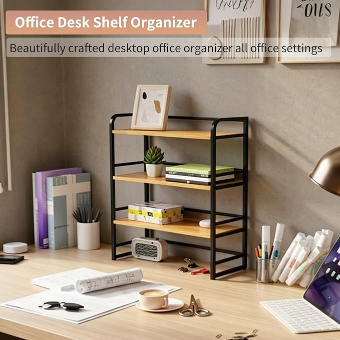 Office Desk Shelf Organizer, Wood Desktop Bookshelf Supplies Storage Rack, Shelf for Top of Desk and Dresser and Cubicle Decor Aesthetic Bookshelf (White White, Three Tier, 11.81Lx7.87Wx22.05H)