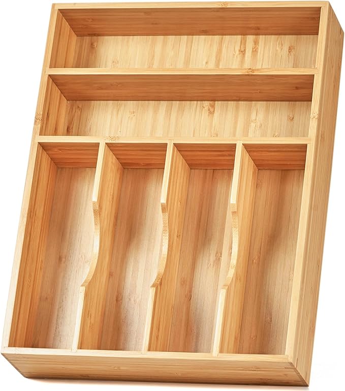 Kitchen Drawer Organizer, 12 Inch Silverware Utensil Tray Holder, Extra Deep, with Non-Slip Feet & Grooved Drawer Divider, 6 Slots Total Bamboo Wood Caddy for Flatware Cutlery Knives