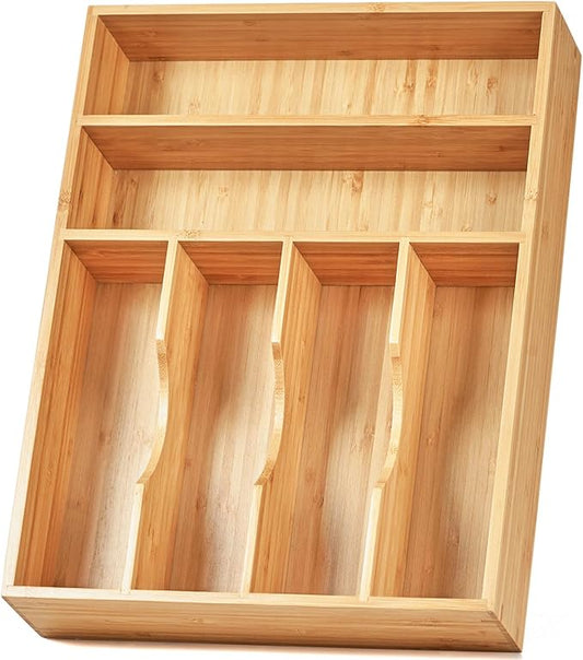 Kitchen Drawer Organizer, 12 Inch Silverware Utensil Tray Holder, Extra Deep, with Non-Slip Feet & Grooved Drawer Divider, 6 Slots Total Bamboo Wood Caddy for Flatware Cutlery Knives