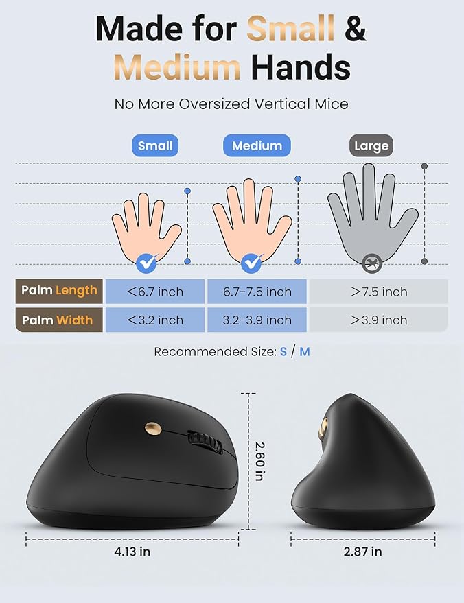 Ergonomic Vertical Wireless Mouse, 57°, Small/Medium Hands, Black | Rechargeable, Quiet Click, 800/1200/1600 DPI, 2.4GHz USB Receiver, Forward/Back Buttons, Computer Mouse for Laptop PC Mac