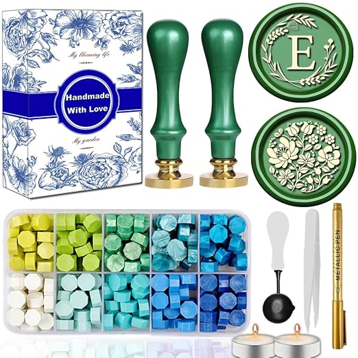 Elegant Initial E Wax Seal Kit,2pcs Exquisite Brass Stamp Heads with Eucalyptus & Flower Designs Ideal for Wedding Invitations Gift Wraps Envelopes and Christmas Cards (Alphabet E Kit)