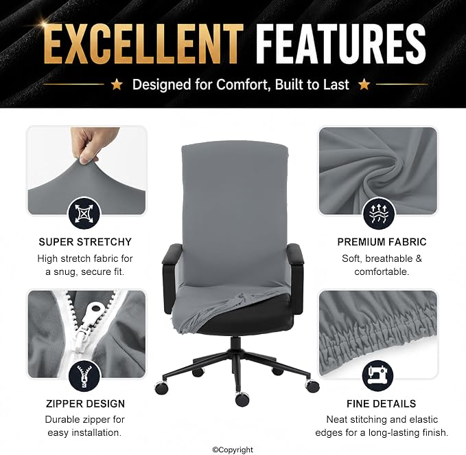 Elastic Computer Chair Cover with Durable Zipper - Protective Removable Washable Universal Office Desk Chair Seat Slip Cover - Stretchy Soft Anti-dust Desk Chair Seat Protector - Mid Gray