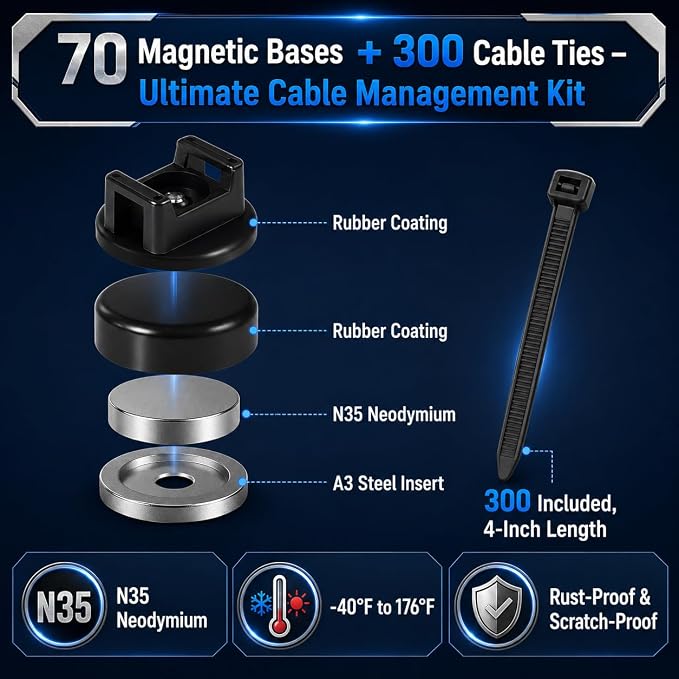 Magnetic Cable Zip Tie Mounts, 70 Pcs Magnet Bases with 300 Pcs Cable Ties, Multipurpose Wire Management Organizer for Desk PC Home Office, Adhesive-Free Cable Clips Holder