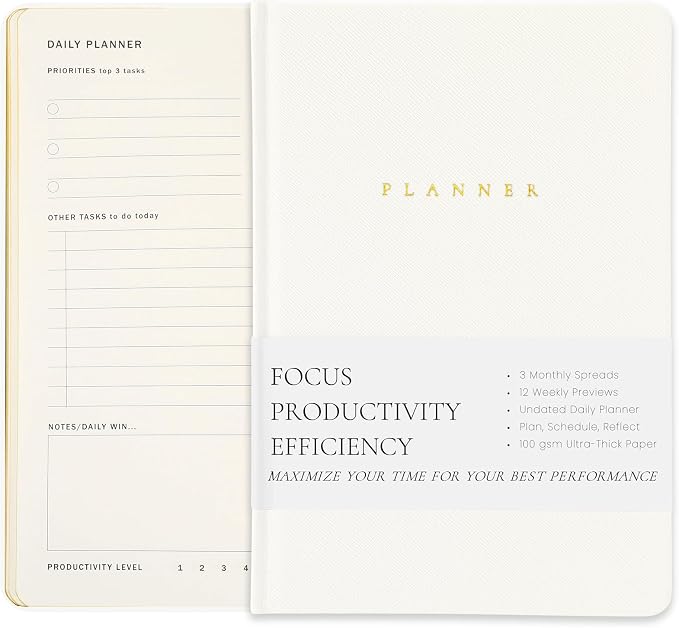 Productivity 3-month Planner Undated Daily Weekly Monthly Planner with Hardcover, Setting Guided Journal for Time Management, Habit Tracking, Self Care & Organization(White)