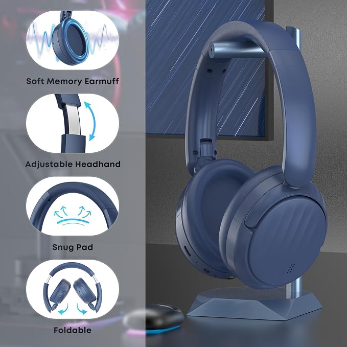 Bluetooth Headphones with Active Noise Cancelling (ANC), Wireless Over Ear Bluetooth Headsets with 35H Playtime, HiFi Stereo Foldable Headphones with Foam Ear Cups for Sports, Travel, Blue