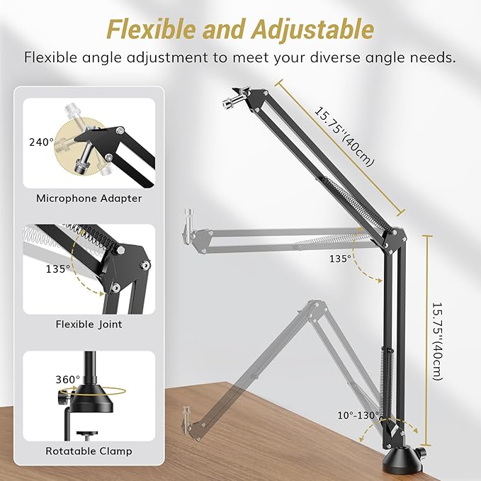 TONOR Microphone Boom Arm, Adjustable Microfono Stand Mic Arm with Extra-large Pop Filter, 3/8’’ and 5/8’’ Screwadapter, Equipment for Podcast, Recording, Streaming, 35 cm +35 cm, T10