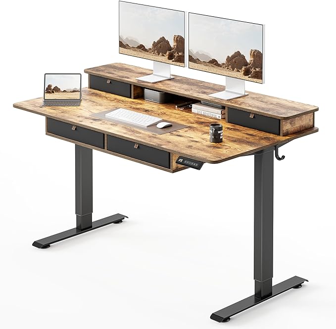 CubiCubi 48" x 24" Standing Desk with Drawers, Electric Height Adjustable Workstation, Computer Sit Stand Up Office Table with Large Storage Shelf, 4 Drawers and 2 Hooks, Vintage Brown
