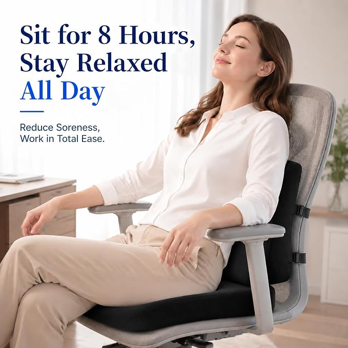 Ergonomic Seat Cushion & Lumbar Support Pillow for Office Chair | Memory Foam Seat Cushions for Tailbone Pain Relief, Sciatica & Lower Back Support for Desk Chair Car Home, Washable, Non Slip
