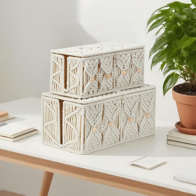 2PCS Cable Management Box Handmade Macrame Cord Organizer Basket | Power Strips Outlet Storage Router TV Wire Hider Cover Under Desk Natural Cotton Rope Woven, w/ Lid, Off White, Large&Medium