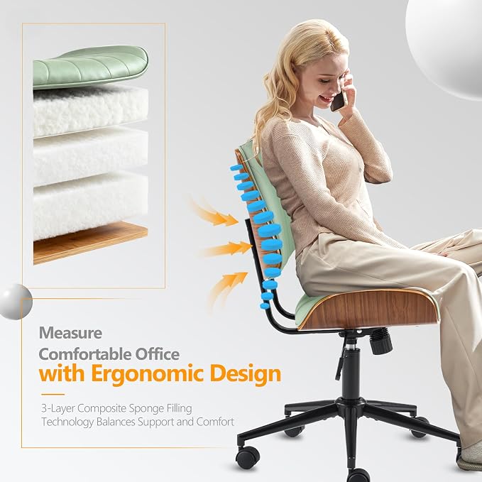 VINGLI Wide Curved Seat&Back Armless Home Office Chair,Ergoromic Adjustable-Height Desk Chair,Swivel&Tilting Function,Stylish Walnut Task Chair for Meeing Room,Dining Room,PU,Olive Green