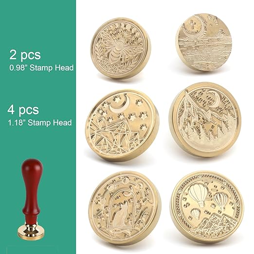 Wax Seal Stamp Kit, 6 Pcs Wax Seal Stamp Head 1 Wooden Hilt Letter Wax Seal Kit, Sealing Wax Stamp Seal Set Include Bee/Cat/Mountain/Sea/Moon Envelope Sealing Wax Stamps for Wedding Invitation