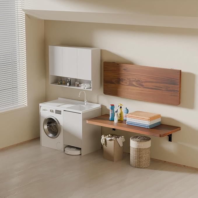 IAE Wall Mounted Folding Table with Pine Wood,36" x 14" Floating Wall Desk,Laundry Folding Table with Shelf Brackets,Fold Down Desk Shelf,Fold Workbench for Apartments,Home,Laundry Room,Kitchen,Teak