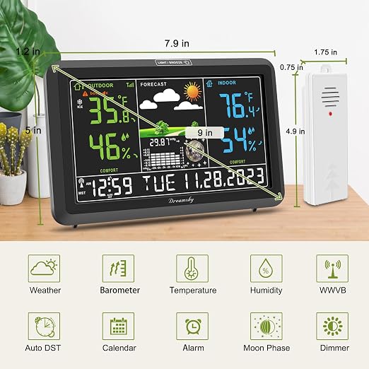 DreamSky Weather Station Indoor Outdoor Thermometer Wireless, Atomic Clock | Digital Large Display with Backlight Dimmer, USB Port, Inside Outside Temperature Humidity Monitor for Home (Plug-in)