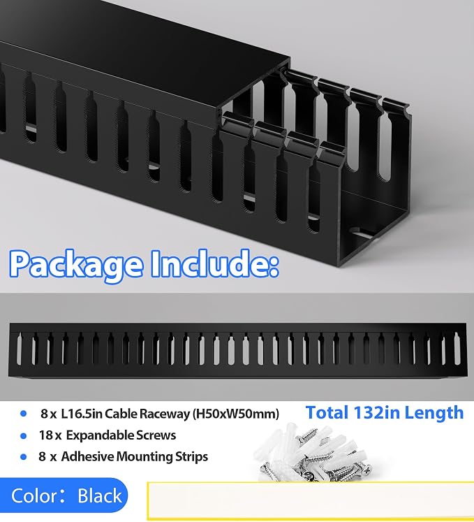 2" H x 2" W Cable Raceway, 132in Under Desk Wire Management Channel, Black | Slotted Wire Duct, 8Pack, 16.5in Each, Heavy-Duty PVC Cable Management for Server Racks, Network Cables & Electrical Cabinets