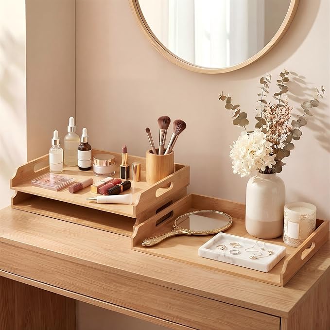 3 Pcs Stackable Paper Tray Bamboo Wood Desk Organizer Letter Tray 3 Tier Wooden File Organizer Desk Shelf for Documents, Letter Sorter, Envelopes and Magazine Holder