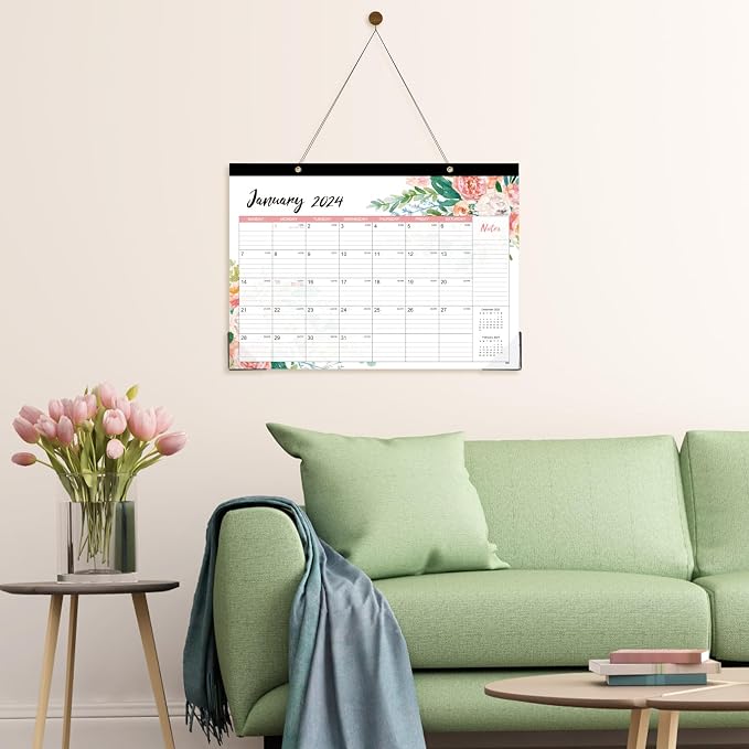 2024 Desk Calendar - Desk Calendar 2024,12 Monthly Desk/Wall Calendar 2-in-1, 16.8" x 12", January 2024 - December 2024, Thick Paper with Corner Protectors, Large Ruled Blocks - Blue Floral
