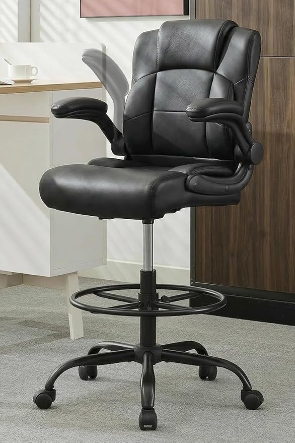 500 lbs Drafting Chair Tall Office Chair with Flip-up Armrests for Standing Desk Executive Ergonomic Computer Leather Desk Chair with Lumbar Support, Adjustable Foot Ring for Home or Drawing Use