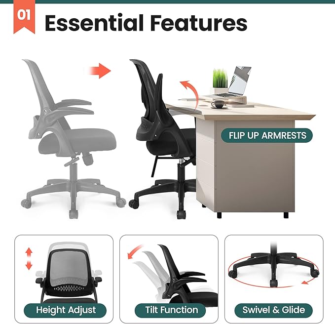 NEO CHAIR Office Desk Gaming Ergonomic Computer Chair with Lumbar Back Support Adjustable Height Swivel Rolling Wheels Flip-up Arms Mesh Chair for Home Vanity (Black)