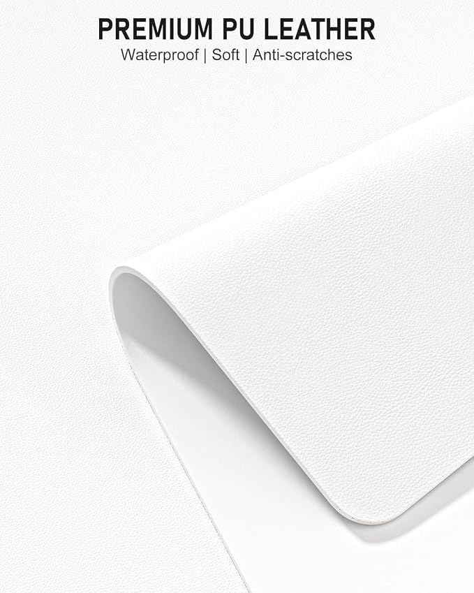 Desk Pad, 48" x 17" PU Leather Non-Slip Desk Mat Large Mouse Pad for Desktop, Waterproof Laptop Computer Writing Mat for Office, Home, Work, Gaming, White
