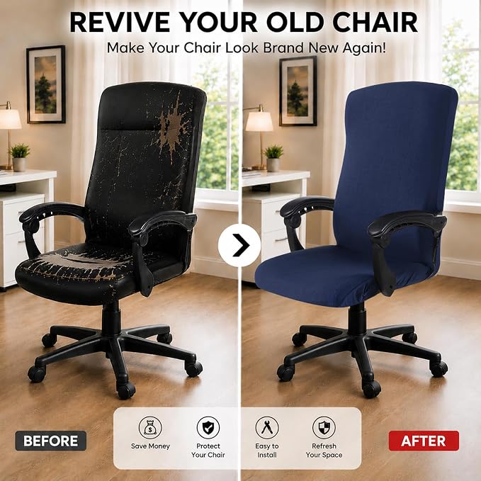 Stretch Computer Office Chair Cover with Durable Zipper - Universal Washable Removable Spandex Rotating Boss Chair Slipcovers - Anti-dust Desk Chair Seat Protector for Dogs, Cats, Pets (Navy)
